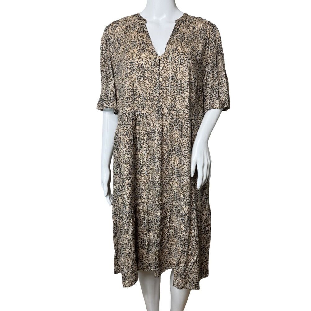 Maison 123 Dress Womens 12 Black‎ Tan Ditzy Floral Shift Neutral Boho Peasant